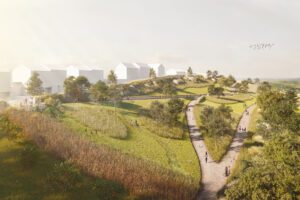 An aerial CGI mock up view of Brake Common in Langarth Garden Village.