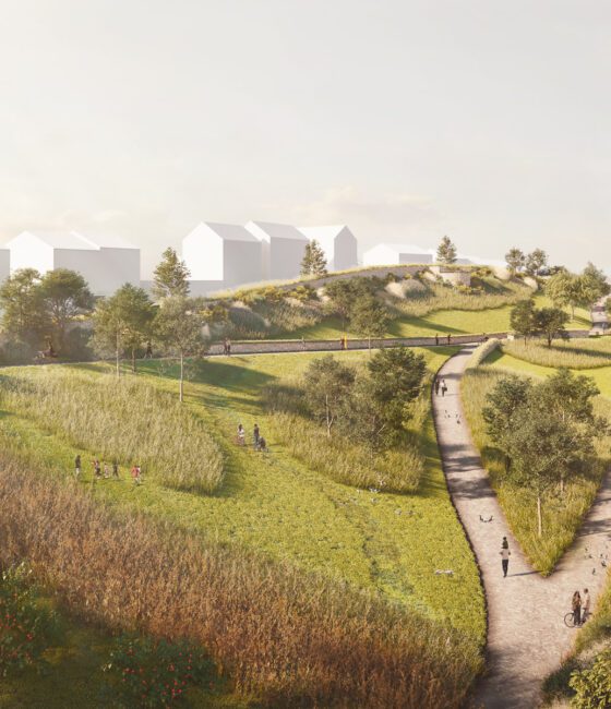 An aerial CGI mock up view of Brake Common in Langarth Garden Village.