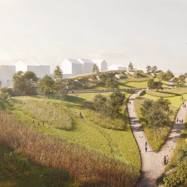 An aerial CGI mock up view of Brake Common in Langarth Garden Village.