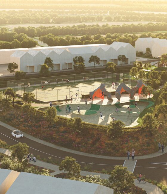 A CGI mockup of the youth zone, skatepark and tennis courts within Langarth Garden Village.
