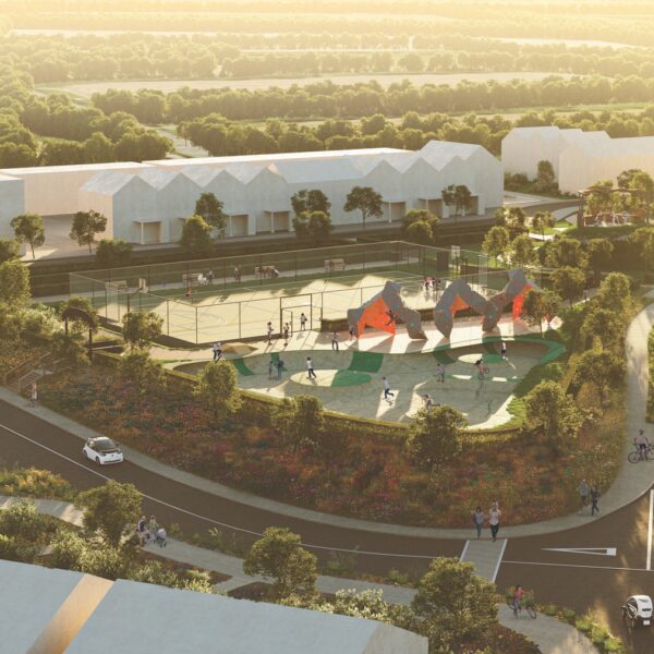 A CGI mockup of the youth zone, skatepark and tennis courts within Langarth Garden Village.