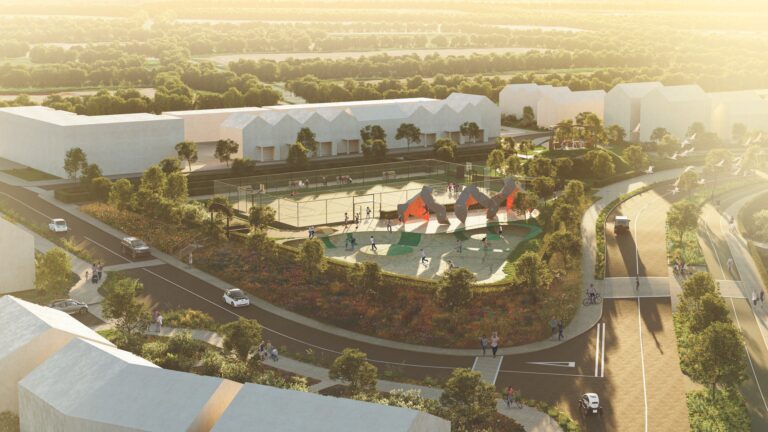 A CGI mockup of the youth zone, skatepark and tennis courts within Langarth Garden Village.