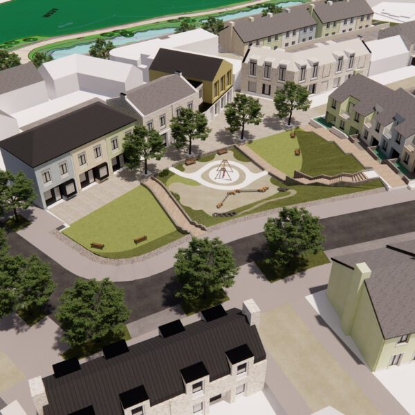 An digital, aerial view mock up of Langarth Garden Village, showing houses surrounded by green areas and foliage.