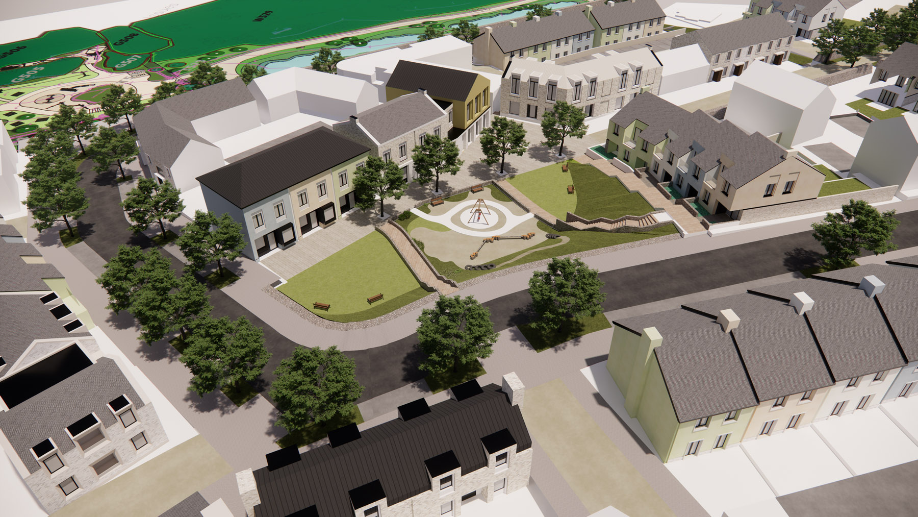 An digital, aerial view mock up of Langarth Garden Village, showing houses surrounded by green areas and foliage.