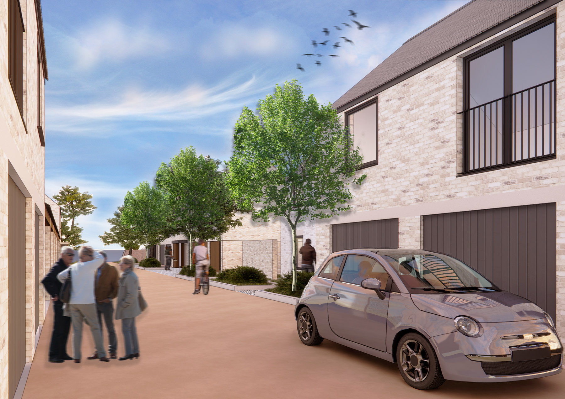 A digital mock up, street view of Langarth garden village, with a group of people chatting on the side of a tree-lined pavement.