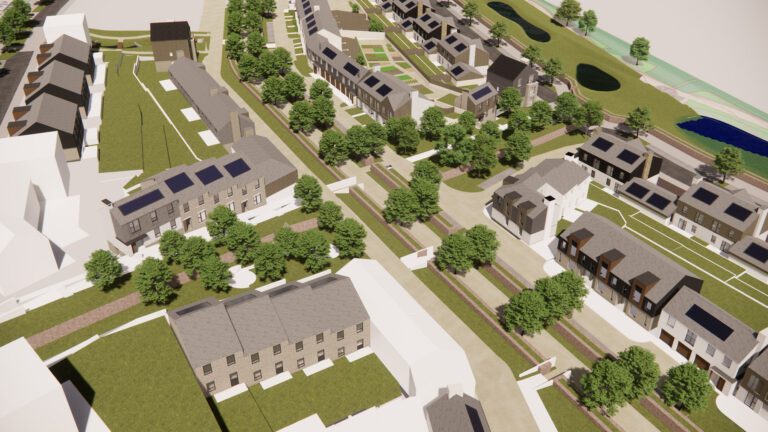 A digital mock up, aerial view of rows of new builds in tree lined streets in Langarth Garden Village.
