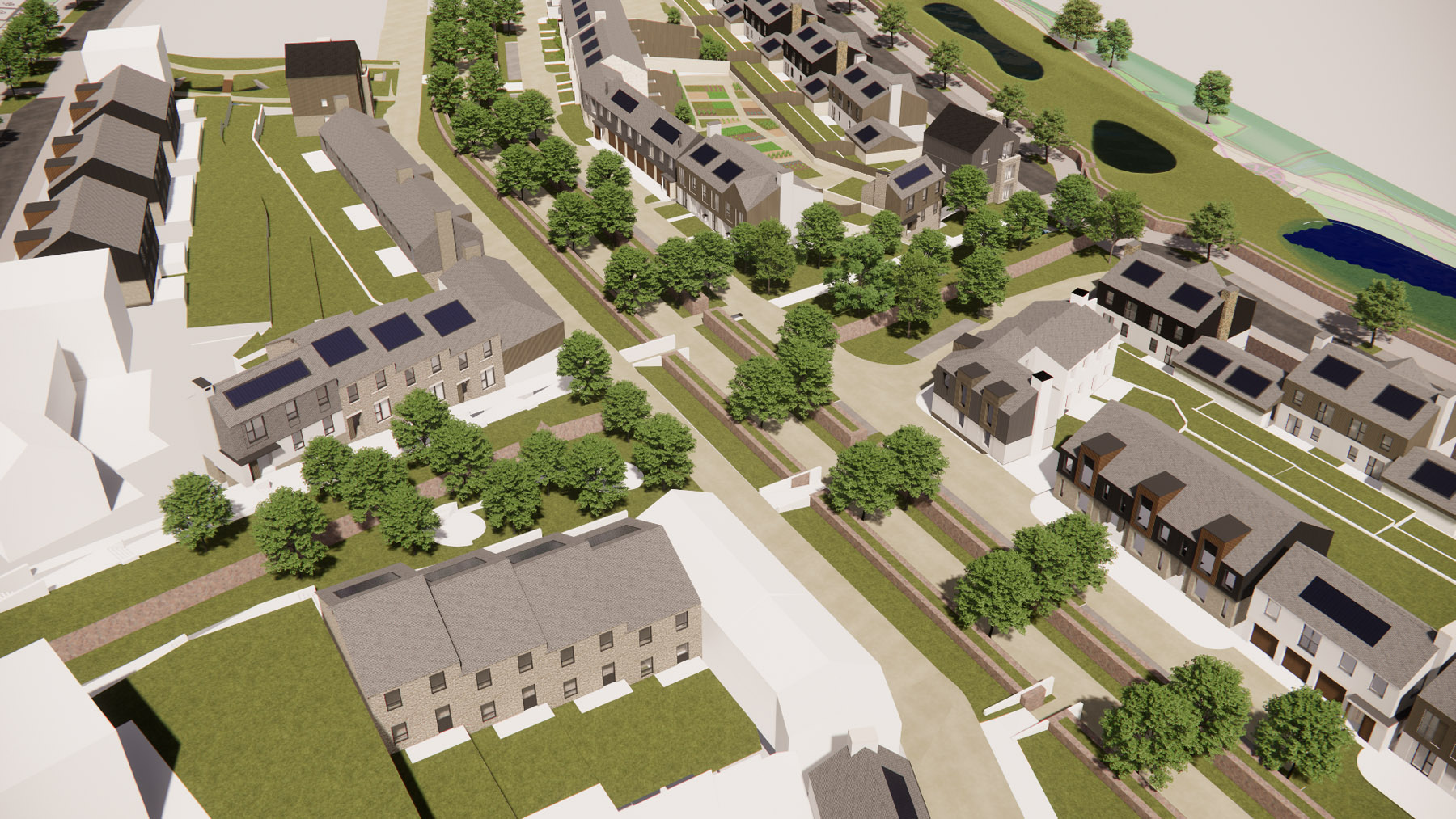 A digital mock up, aerial view of rows of new builds in tree lined streets in Langarth Garden Village.