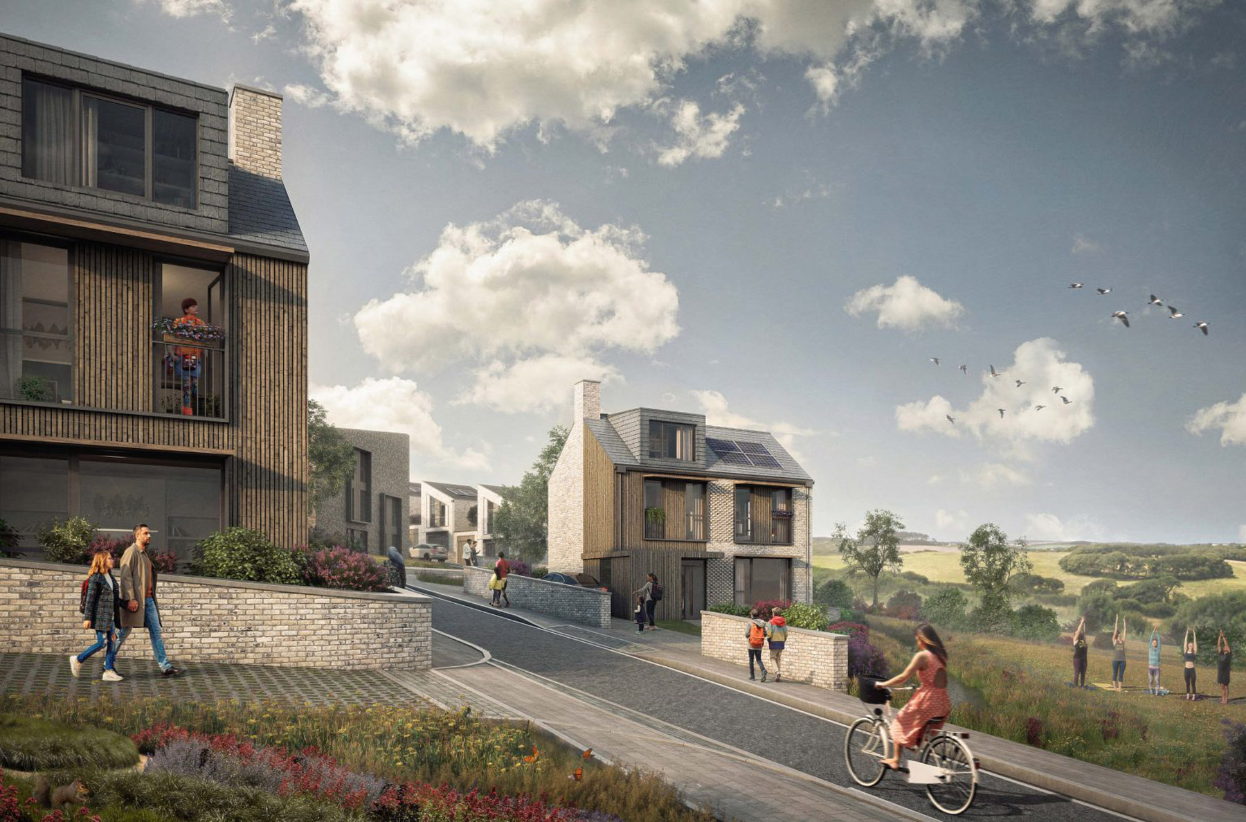A digital mock up of Langarth Penventinnie Village, showing a road with new homes on either side and people walking and cycling along the pavements and road.