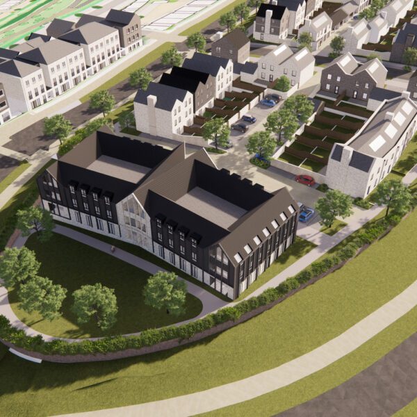 An aerial CGI mock up of school buildings in Langarth Garden Village.