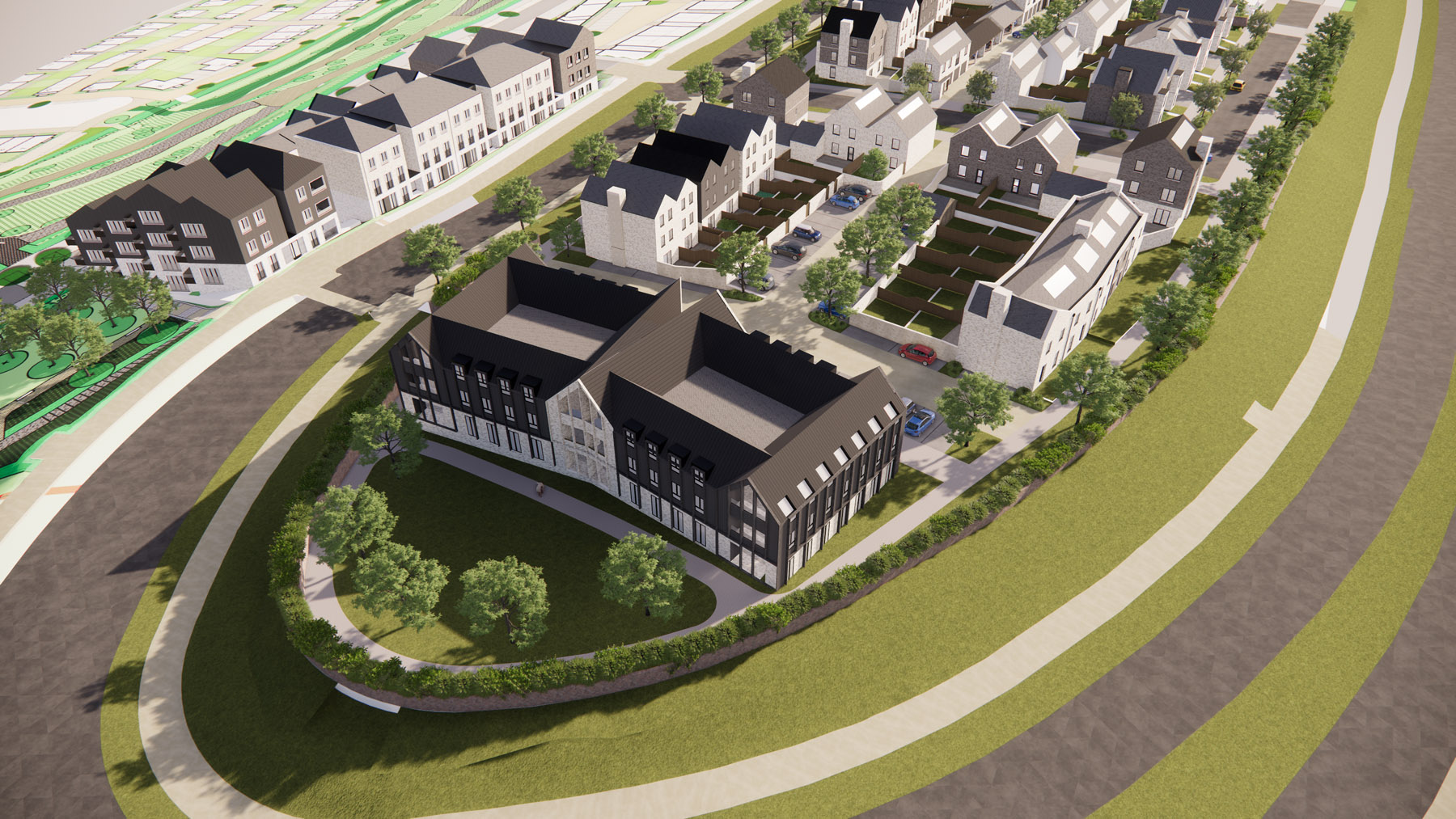 An aerial CGI mock up of school buildings in Langarth Garden Village.