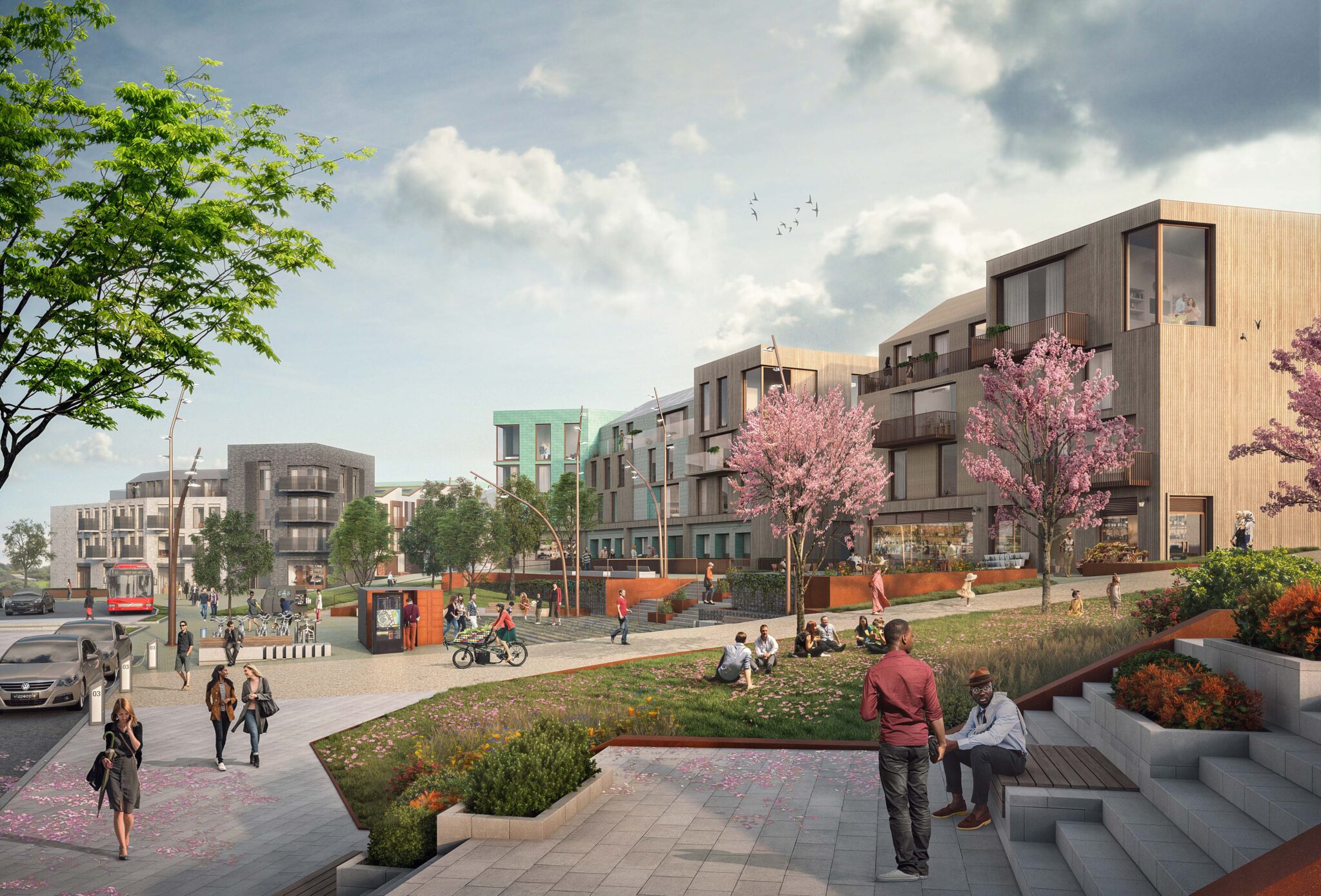 A digital mock up of a busy square in Langarth Garden Village surrounded by pink and green trees.