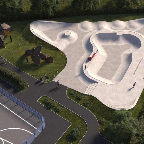 An aerial CGI mock up of the proposed skatepark in Truri at Langarth Garden Village, next to Tennis Courts.