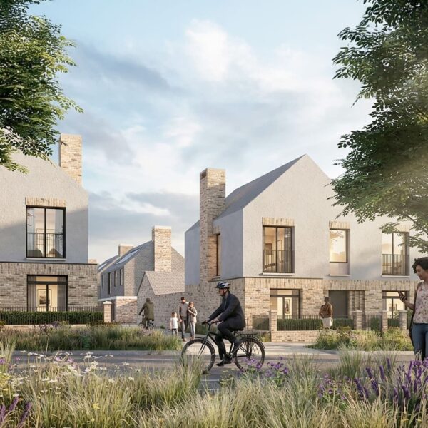 Architectural visualisation of Langarth residential development, showing a row of modern houses with pale render and brick detailing, surrounded by landscaped gardens with wildflowers and ornamental grasses. Residents are shown walking and cycling along a shared pathway in warm evening light.