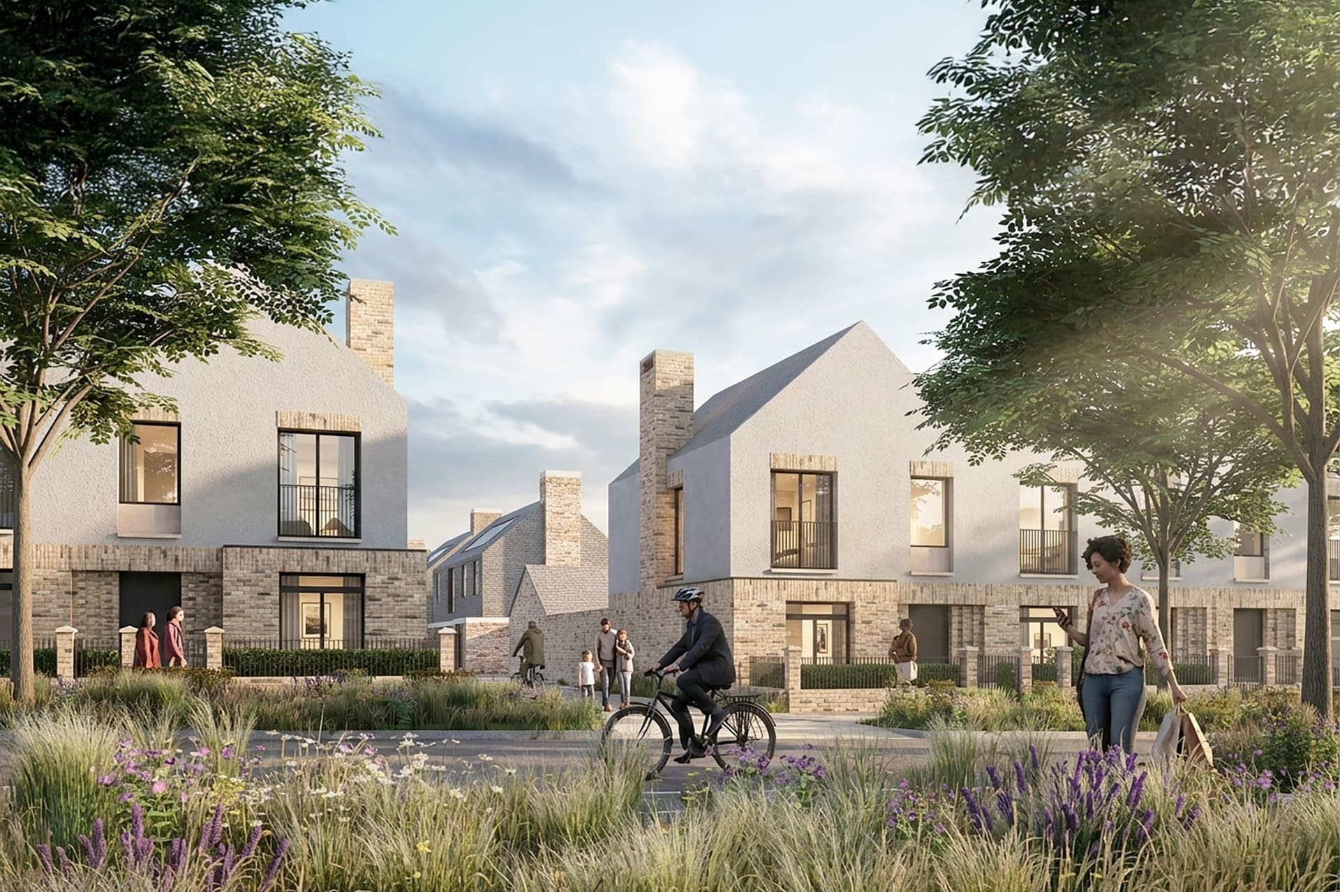 Architectural visualisation of Langarth residential development, showing a row of modern houses with pale render and brick detailing, surrounded by landscaped gardens with wildflowers and ornamental grasses. Residents are shown walking and cycling along a shared pathway in warm evening light.