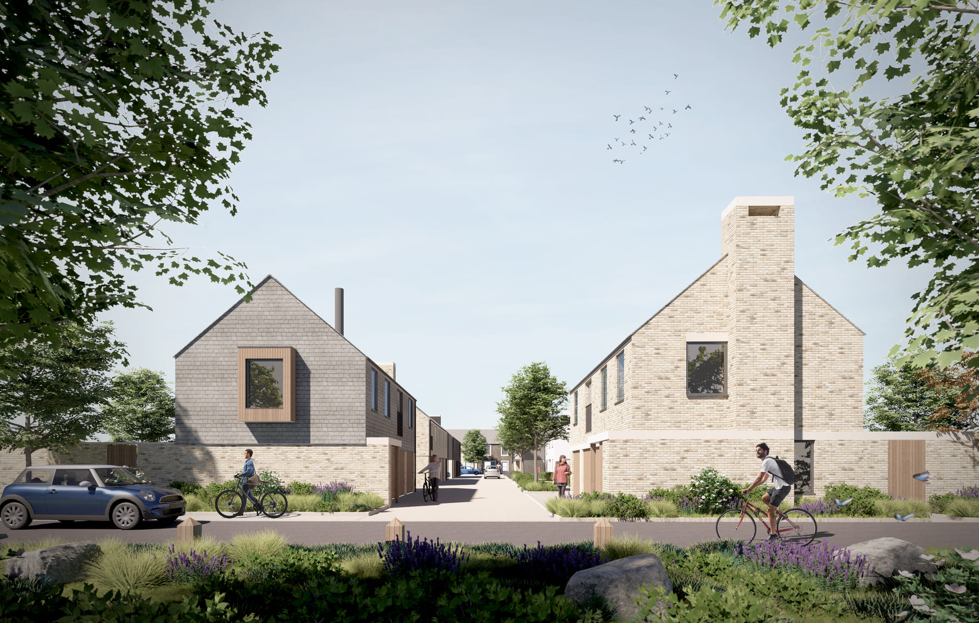 A digital mock up of new houses in Mews Lane in Langarth Garden Village.