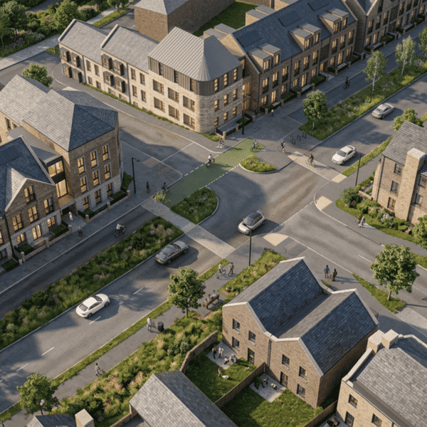 Aerial architectural visualisation of Langarth Garden Village transport links showing the NAR junction.