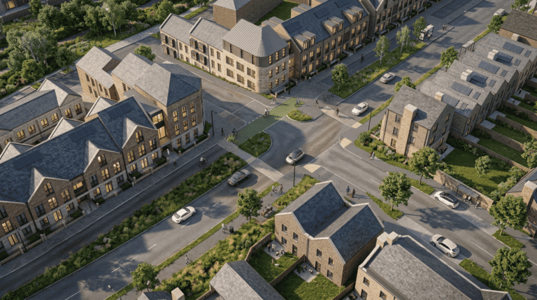 Aerial architectural visualisation of Langarth Garden Village transport links showing the NAR junction.