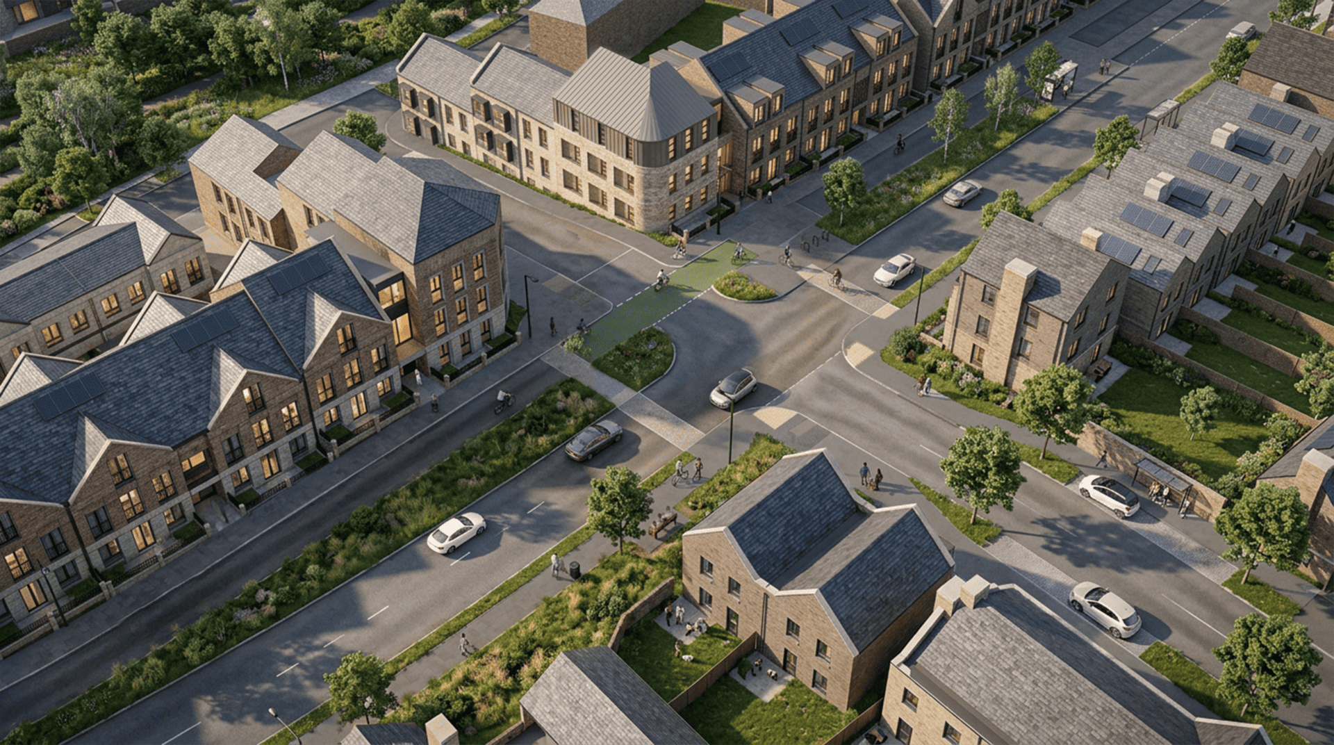 Aerial architectural visualisation of Langarth Garden Village transport links showing the NAR junction.