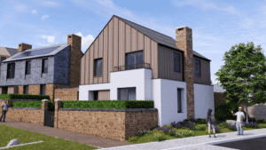 A low carbon home with wooden cladding on the top half and white brick on the lower half, surrounded by greenery and trees.