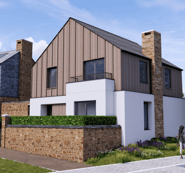 A low carbon home with wooden cladding on the top half and white brick on the lower half, surrounded by greenery and trees.