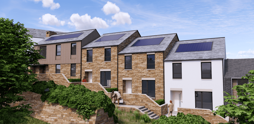 A row of four new homes in a land parcel in Truro in Langarth Garden Village.