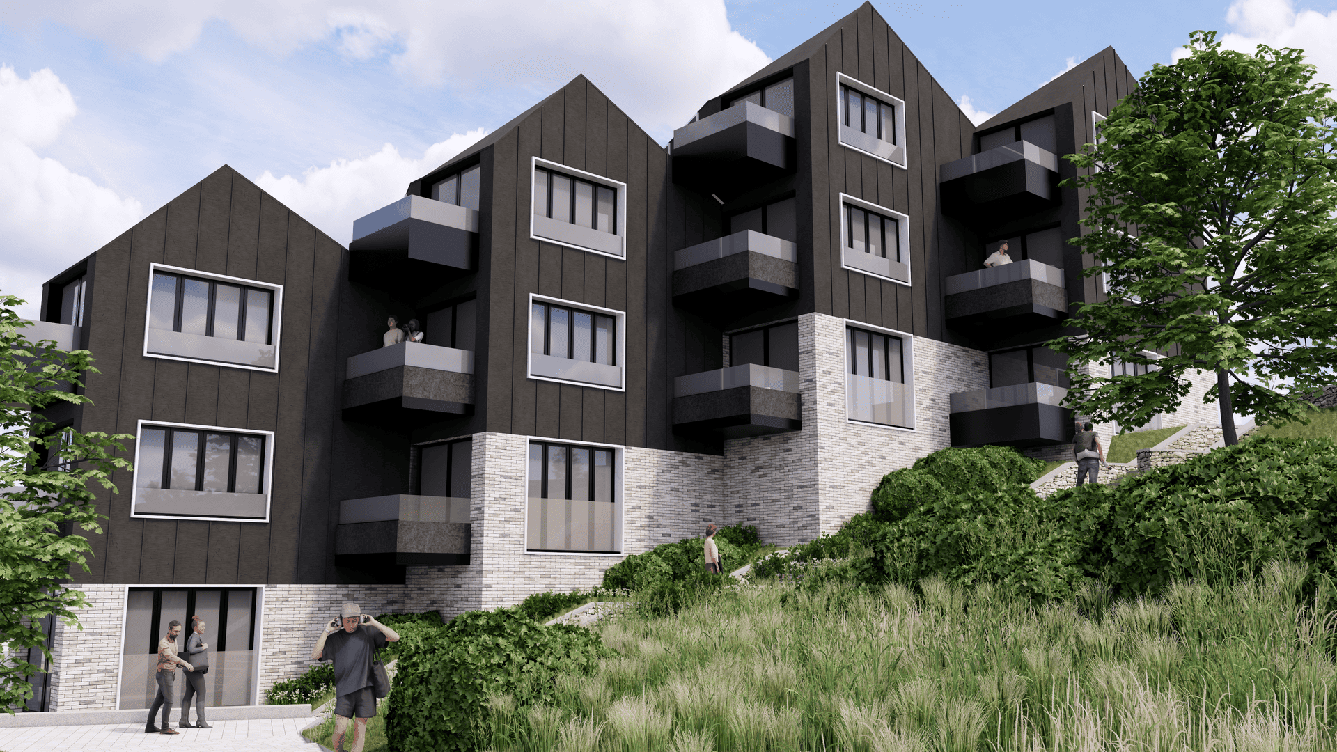 A row of three new homes in Truro, in Cornwall, each three storeys high surrounded by greenery and foliage.