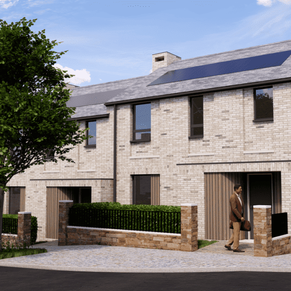 A row of energy efficient houses in Langarth Garden Village, with a large green tree outside.