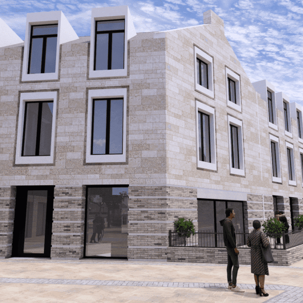 A low angled mock up of commericial offices in Langarth Garden Village, surrounded by people wearing smart work attire.