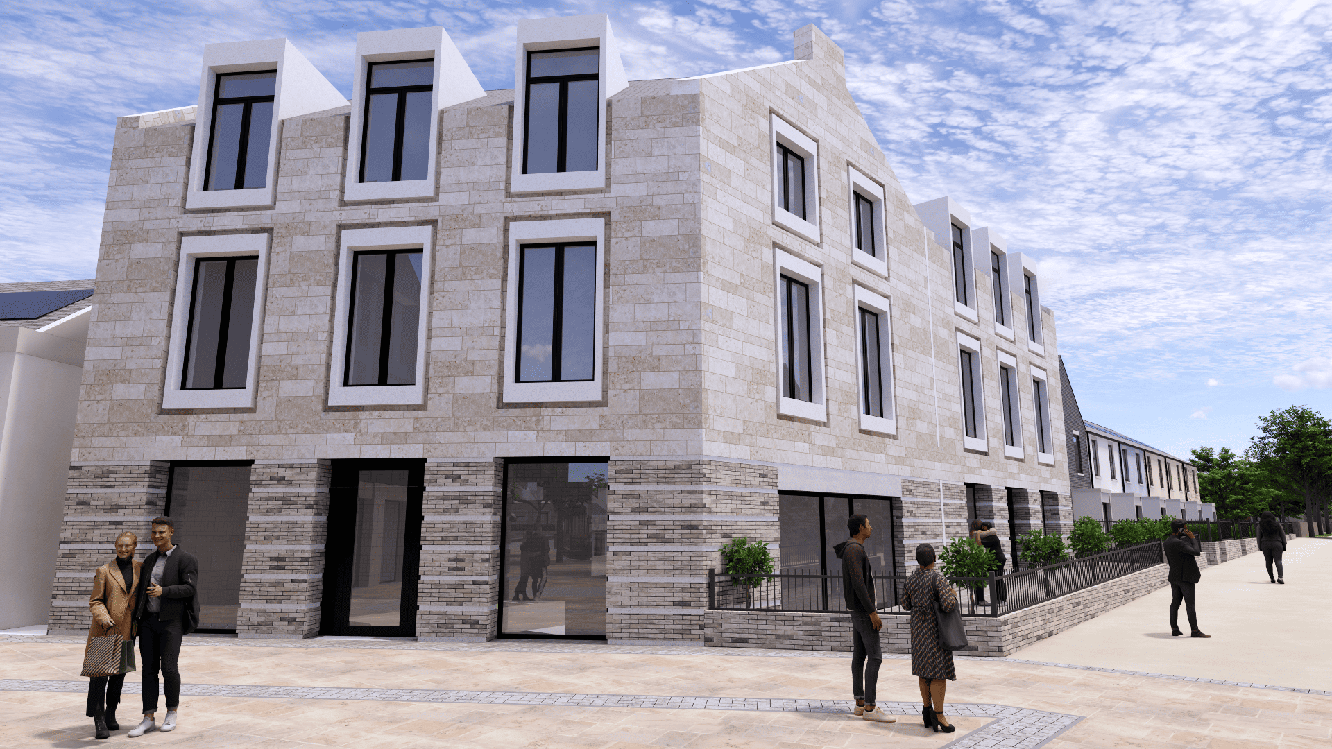 A low angled mock up of commericial offices in Langarth Garden Village, surrounded by people wearing smart work attire.