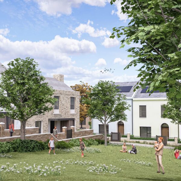 A digital mock up of a green square with children playing in Langarth Garden Village, Cornwall.