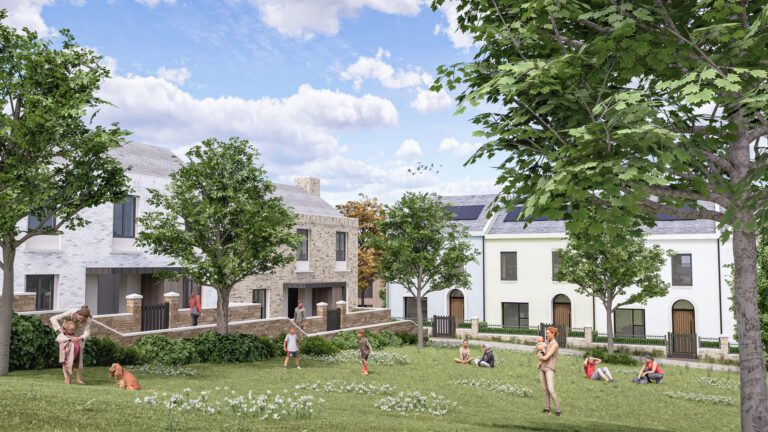 A digital mock up of a green square with children playing in Langarth Garden Village, Cornwall.