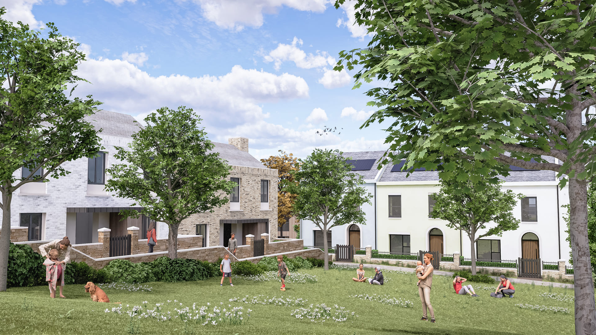 A digital mock up of a green square with children playing in Langarth Garden Village, Cornwall.