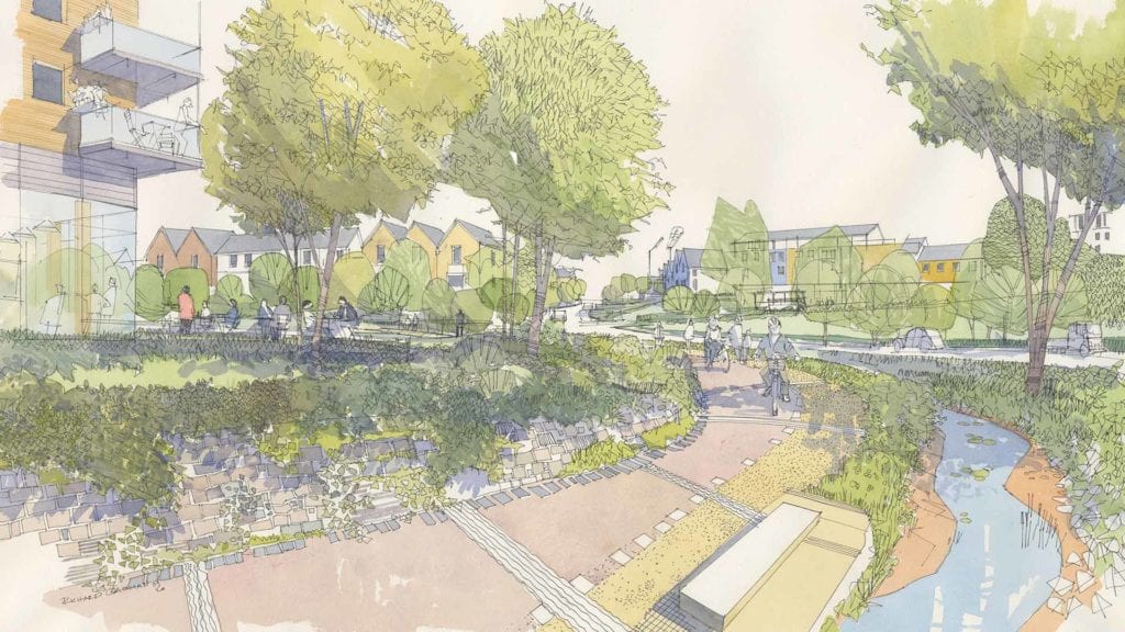 Artist impression of Langarth Garden Village Park Cycle Path